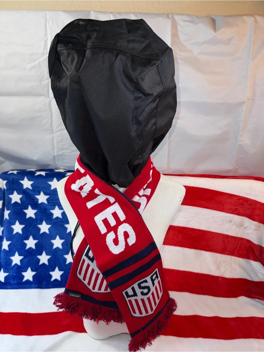 United States Knit Scarf, in Red, White, & blue with a black Fraud Capture Hoody